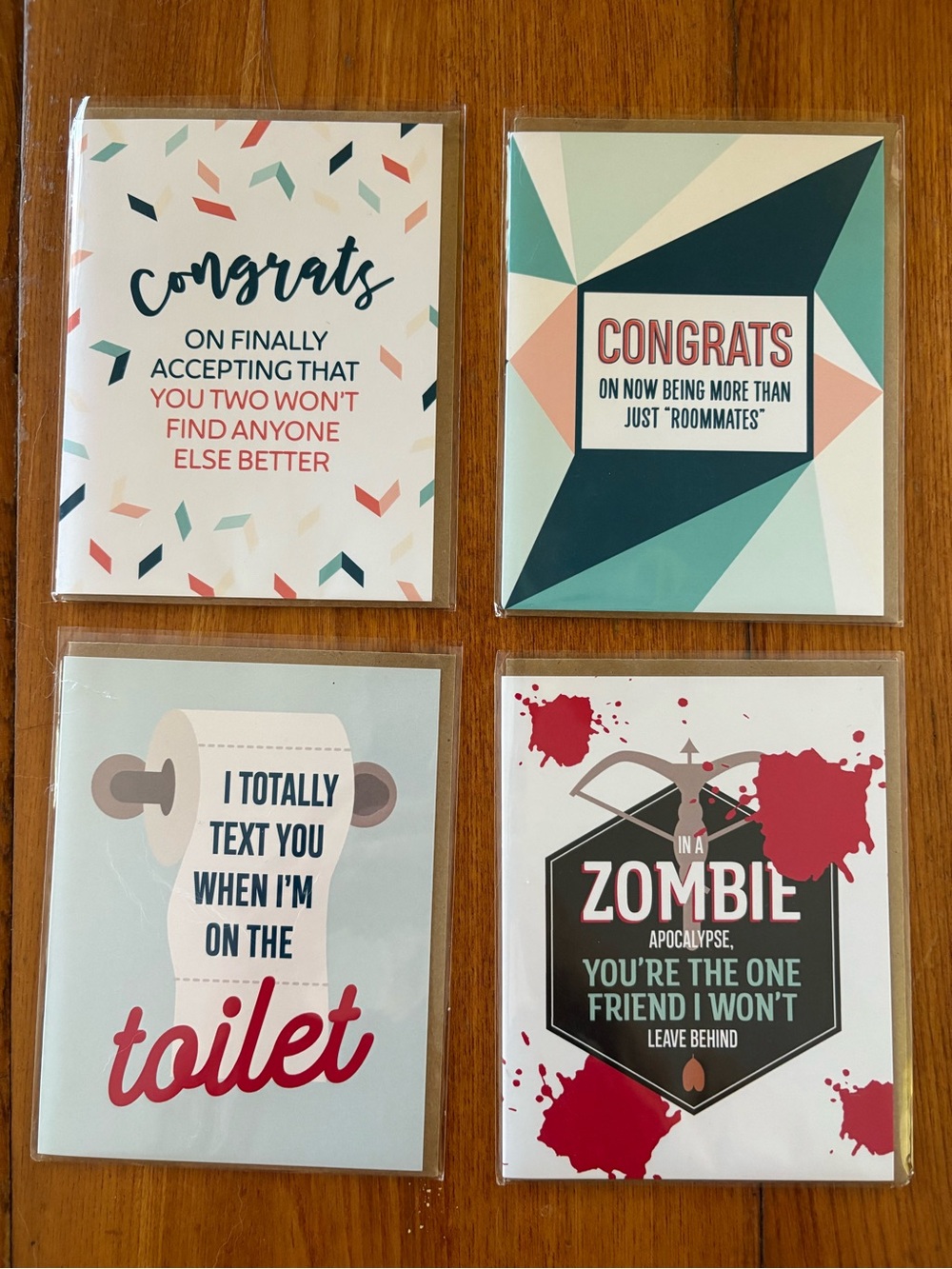 Set of 4 Humorous Greeting Cards - Teal, Coral, Navy & Red Accents